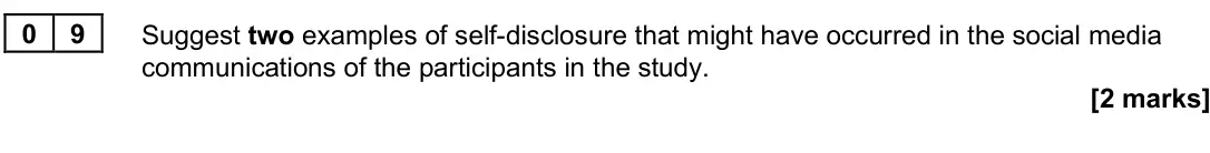 June 2024 Paper 3, question 09: Suggest two examples of self-disclosure that might have occurred in the social media communications of the participants in the study. [2 marks]