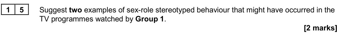 June 2024 Paper 3, question 15: Suggest two examples of sex-role stereotyped behaviour that might have occurred in the TV programmes watched by Group 1. [2 marks]
