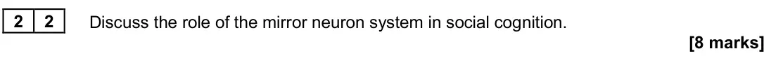 June 2024 Paper 3, question 22: Discuss the role of the mirror neuron system in social cognition. [8 marks]