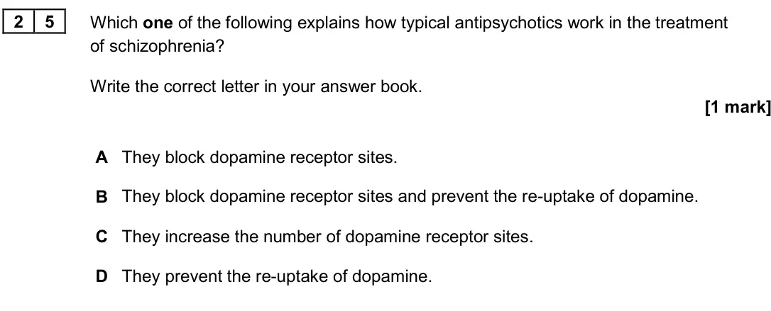 June 2024 Paper 3, question 25: Which one of the following explains how typical antipsychotics work in the treatment of schizophrenia? Write the correct letter in your answer book. [1 mark] A 