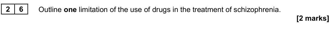 June 2024 Paper 3, question 26: Outline one limitation of the use of drugs in the treatment of schizophrenia. [2 marks]