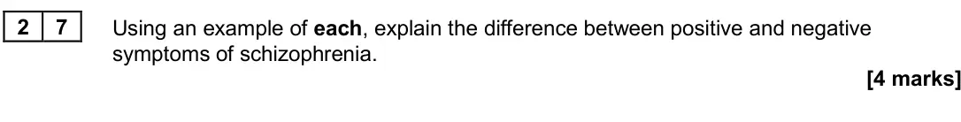 June 2024 Paper 3, question 27: Using an example of each, explain the difference between positive and negative symptoms of schizophrenia. [4 marks]