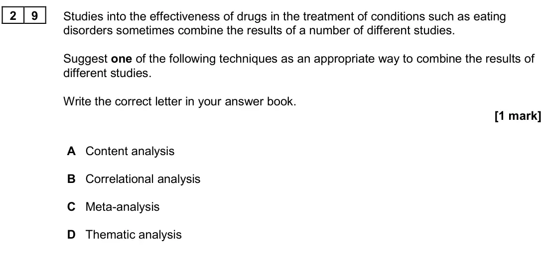 June 2024 Paper 3, question 29: Studies into the effectiveness of drugs in the treatment of conditions such as eating disorders sometimes combine the results of a number of different studies.