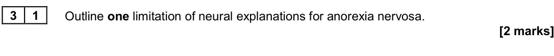 June 2024 Paper 3, question 31: Outline one limitation of neural explanations for anorexia nervosa. [2 marks]