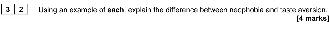 June 2024 Paper 3, question 32: Using an example of each, explain the difference between neophobia and taste aversion. [4 marks]