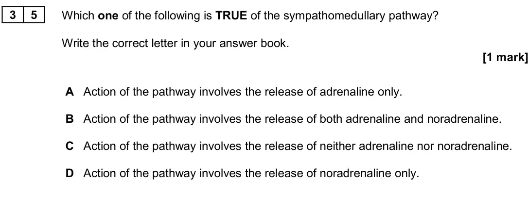 June 2024 Paper 3, question 35: Which one of the following is TRUE of the sympathomedullary pathway? Write the correct letter in your answer book. [1 mark] A Action of the pathway involves the