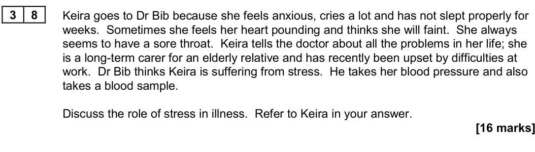 June 2024 Paper 3, question 38: Keira goes to Dr Bib because she feels anxious, cries a lot and has not slept properly for weeks. Sometimes she feels her heart pounding and thinks she will fai