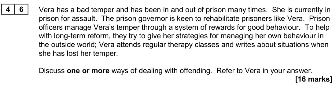 June 2024 Paper 3, question 46: Vera has a bad temper and has been in and out of prison many times. She is currently in prison for assault. The prison governor is keen to rehabilitate prisoner