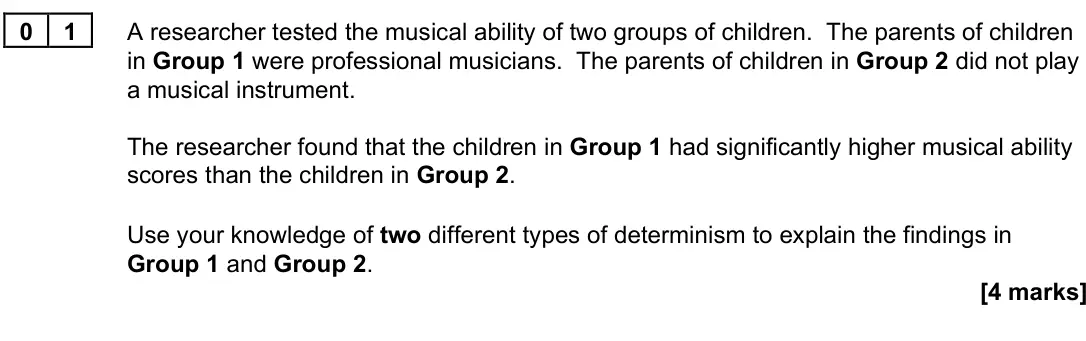 June 2025 Paper 3, question 01: A researcher tested the musical ability of two groups of children. The parents of children in Group 1 were professional musicians. The parents of children in Gr
