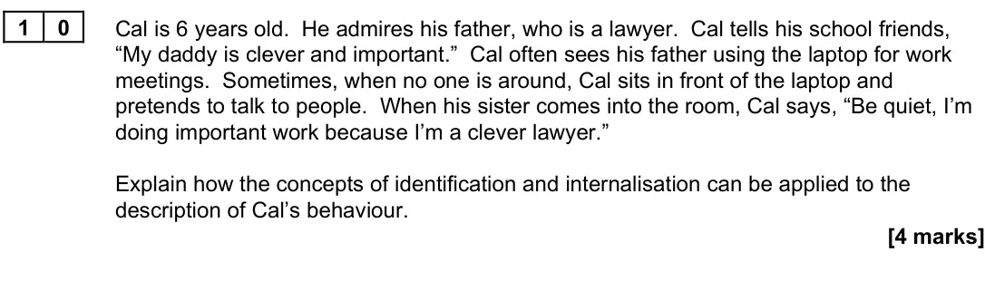 June 2025 Paper 3, question 10: Cal is 6 years old. He admires his father, who is a lawyer. Cal tells his school friends, “My daddy is clever and important.” Cal often sees his father using th