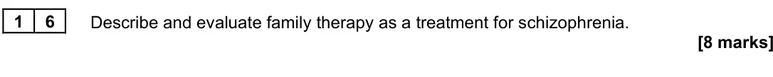 June 2025 Paper 3, question 16: Describe and evaluate family therapy as a treatment for schizophrenia. [8 marks]