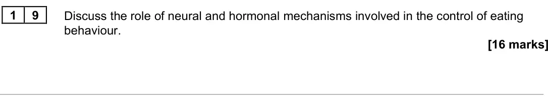 June 2025 Paper 3, question 19: Discuss the role of neural and hormonal mechanisms involved in the control of eating behaviour. [16 marks]