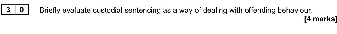 June 2025 Paper 3, question 30: Briefly evaluate custodial sentencing as a way of dealing with offending behaviour. [4 marks]