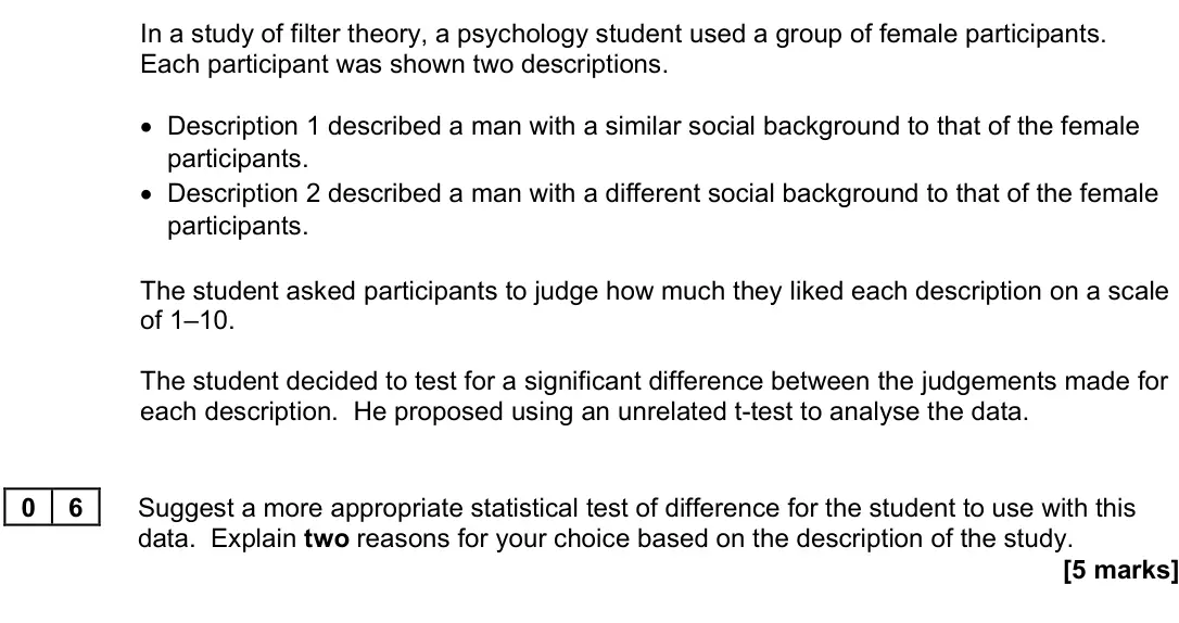 November 2020 Paper 3, question 06: Suggest a more appropriate statistical test of difference for the student to use with this data. Explain two reasons for your choice based on the description of