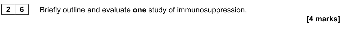 November 2020 Paper 3, question 26: Briefly outline and evaluate one study of immunosuppression. [4 marks]