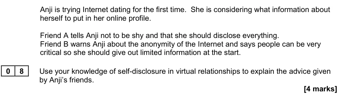 November 2021 Paper 3, question 08: Use your knowledge of self-disclosure in virtual relationships to explain the advice given by Anji’s friends. [4 marks]
