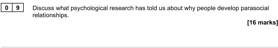 November 2021 Paper 3, question 09: Discuss what psychological research has told us about why people develop parasocial relationships. [16 marks]