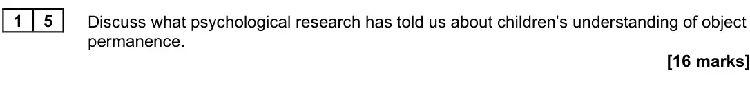 November 2021 Paper 3, question 15: Discuss what psychological research has told us about children’s understanding of object permanence. [16 marks]