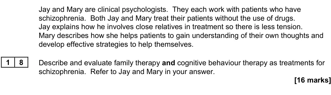 November 2021 Paper 3, question 18: Describe and evaluate family therapy and cognitive behaviour therapy as treatments for schizophrenia. Refer to Jay and Mary in your answer. [16 marks]