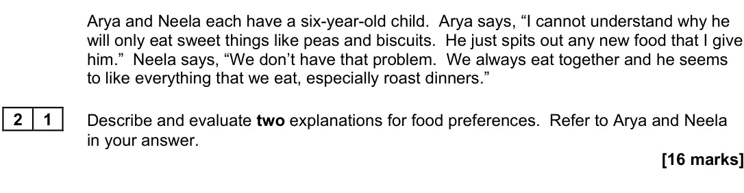 November 2021 Paper 3, question 21: Describe and evaluate two explanations for food preferences. Refer to Arya and Neela in your answer. [16 marks]