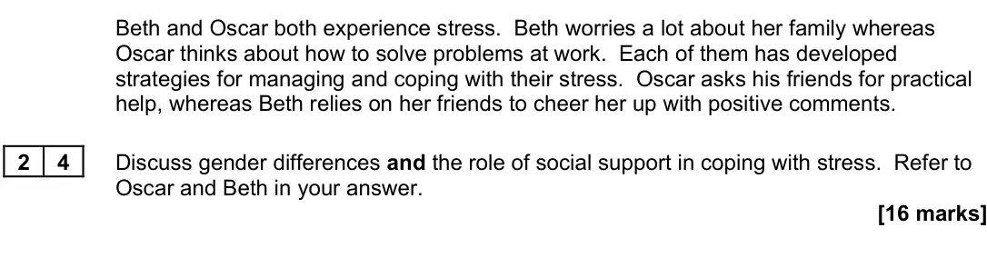 November 2021 Paper 3, question 24: Discuss gender differences and the role of social support in coping with stress. Refer to Oscar and Beth in your answer. [16 marks]