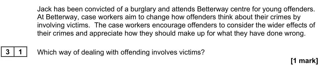 November 2021 Paper 3, question 31: Which way of dealing with offending involves victims? [1 mark]