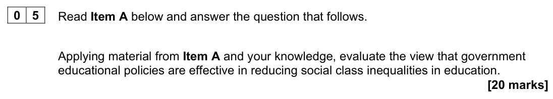 June 2022 AS Paper 1, question 05: Applying material from Item A and your knowledge, evaluate the view that government educational policies are effective in reducing social class inequalities in 