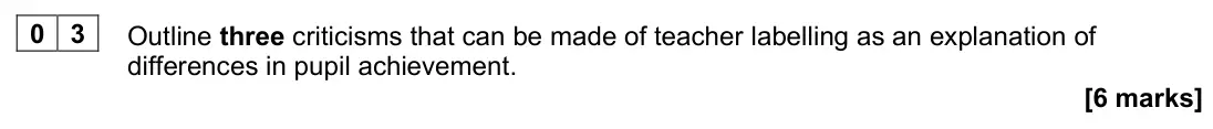 June 2022 AS Paper 1, question 03: Outline three criticisms that can be made of teacher labelling as an explanation of differences in pupil achievement. [6 marks]