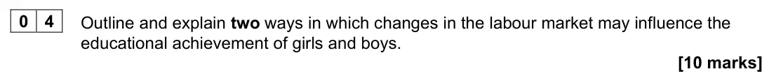 June 2022 AS Paper 1, question 04: Outline and explain two ways in which changes in the labour market may influence the educational achievement of girls and boys. [10 marks]