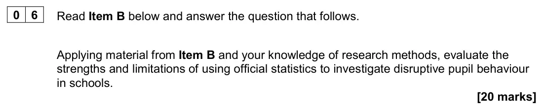 June 2024 AS Paper 1, question 06: Applying material from Item B and your knowledge of research methods, evaluate the strengths and limitations of using official statistics to investigate disrupt