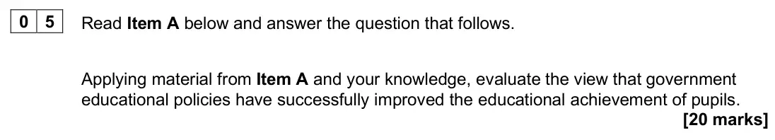 June 2025 AS Paper 1, question 05: Applying material from Item A and your knowledge, evaluate the view that government educational policies have successfully improved the educational achievement 