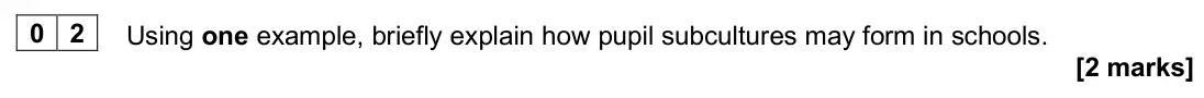 June 2025 AS Paper 1, question 02: Using one example, briefly explain how pupil subcultures may form in schools. [2 marks]