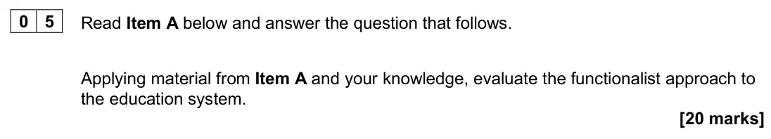 November 2020 AS Paper 1, question 05: Applying material from Item A and your knowledge, evaluate the functionalist approach to the education system. [20 marks]