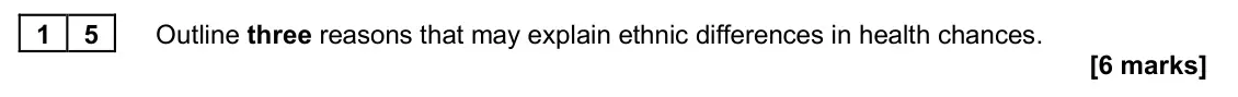 June 2022 AS Paper 2, question 15: Outline three reasons that may explain ethnic differences in health chances. [6 marks]