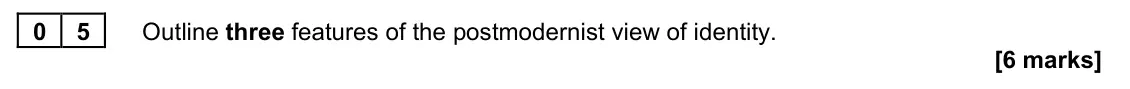 June 2023 AS Paper 2, question 05: Outline three features of the postmodernist view of identity. [6 marks]