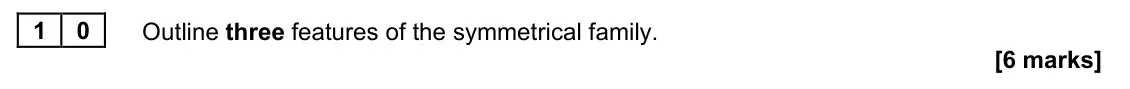 June 2023 AS Paper 2, question 10: Outline three features of the symmetrical family. [6 marks]