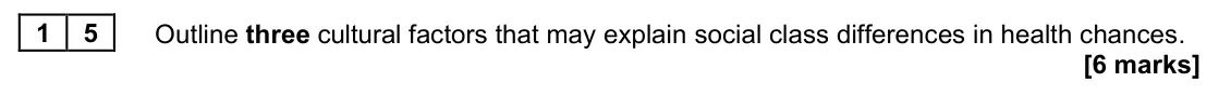 June 2023 AS Paper 2, question 15: Outline three cultural factors that may explain social class differences in health chances. [6 marks]