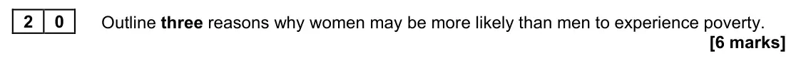 June 2023 AS Paper 2, question 20: Outline three reasons why women may be more likely than men to experience poverty. [6 marks]