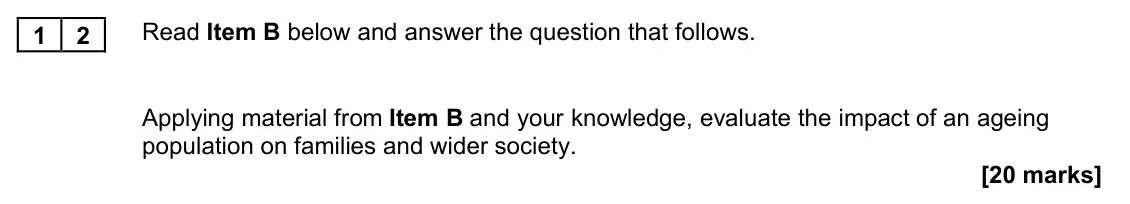 June 2023 AS Paper 2, question 12: Applying material from Item B and your knowledge, evaluate the impact of an ageing population on families and wider society. [20 marks]