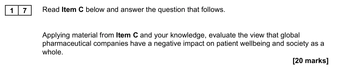 June 2023 AS Paper 2, question 17: Applying material from Item C and your knowledge, evaluate the view that global pharmaceutical companies have a negative impact on patient wellbeing and society