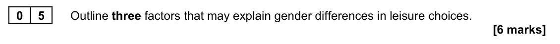 June 2024 AS Paper 2, question 05: Outline three factors that may explain gender differences in leisure choices. [6 marks]