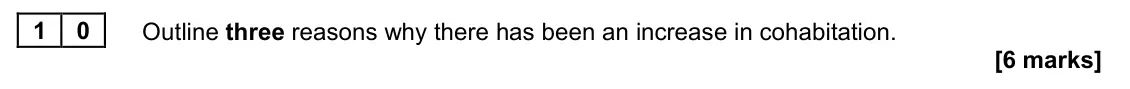 June 2024 AS Paper 2, question 10: Outline three reasons why there has been an increase in cohabitation. [6 marks]