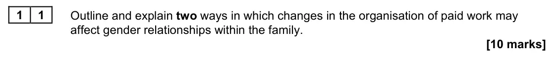 June 2024 AS Paper 2, question 11: Outline and explain two ways in which changes in the organisation of paid work may affect gender relationships within the family. [10 marks]