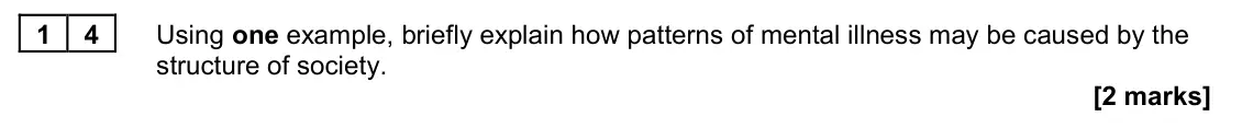 June 2024 AS Paper 2, question 14: Using one example, briefly explain how patterns of mental illness may be caused by the structure of society. [2 marks]