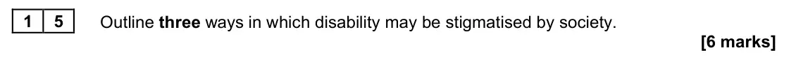 June 2024 AS Paper 2, question 15: Outline three ways in which disability may be stigmatised by society. [6 marks]