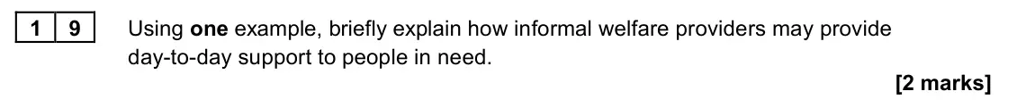 June 2024 AS Paper 2, question 19: Using one example, briefly explain how informal welfare providers may provide day-to-day support to people in need. [2 marks]
