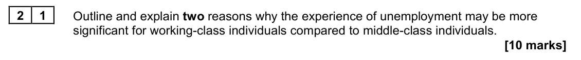 June 2024 AS Paper 2, question 21: Outline and explain two reasons why the experience of unemployment may be more significant for working-class individuals compared to middle-class individuals. [