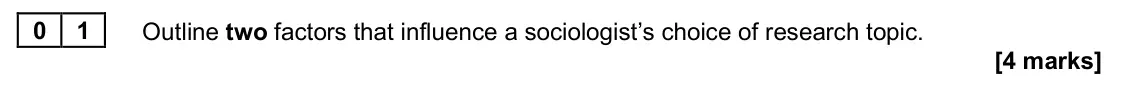 June 2025 AS Paper 2, question 01: Outline two factors that influence a sociologist’s choice of research topic. [4 marks]