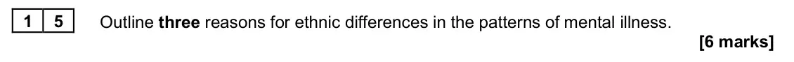 June 2025 AS Paper 2, question 15: Outline three reasons for ethnic differences in the patterns of mental illness. [6 marks]