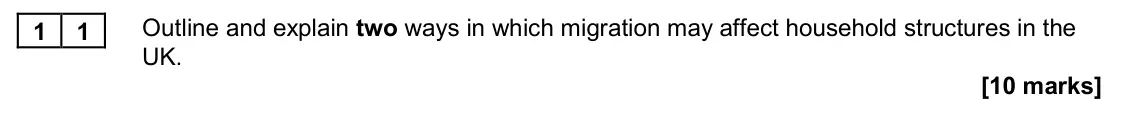 November 2020 AS Paper 2, question 11: Outline and explain two ways in which migration may affect household structures in the UK. [10 marks]